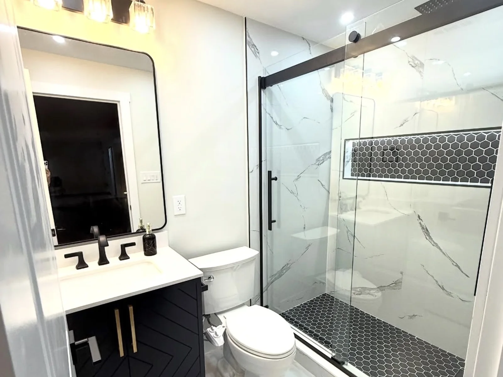Tiled walk-in shower bathroom remodel in Oklahoma City by MASB Construction