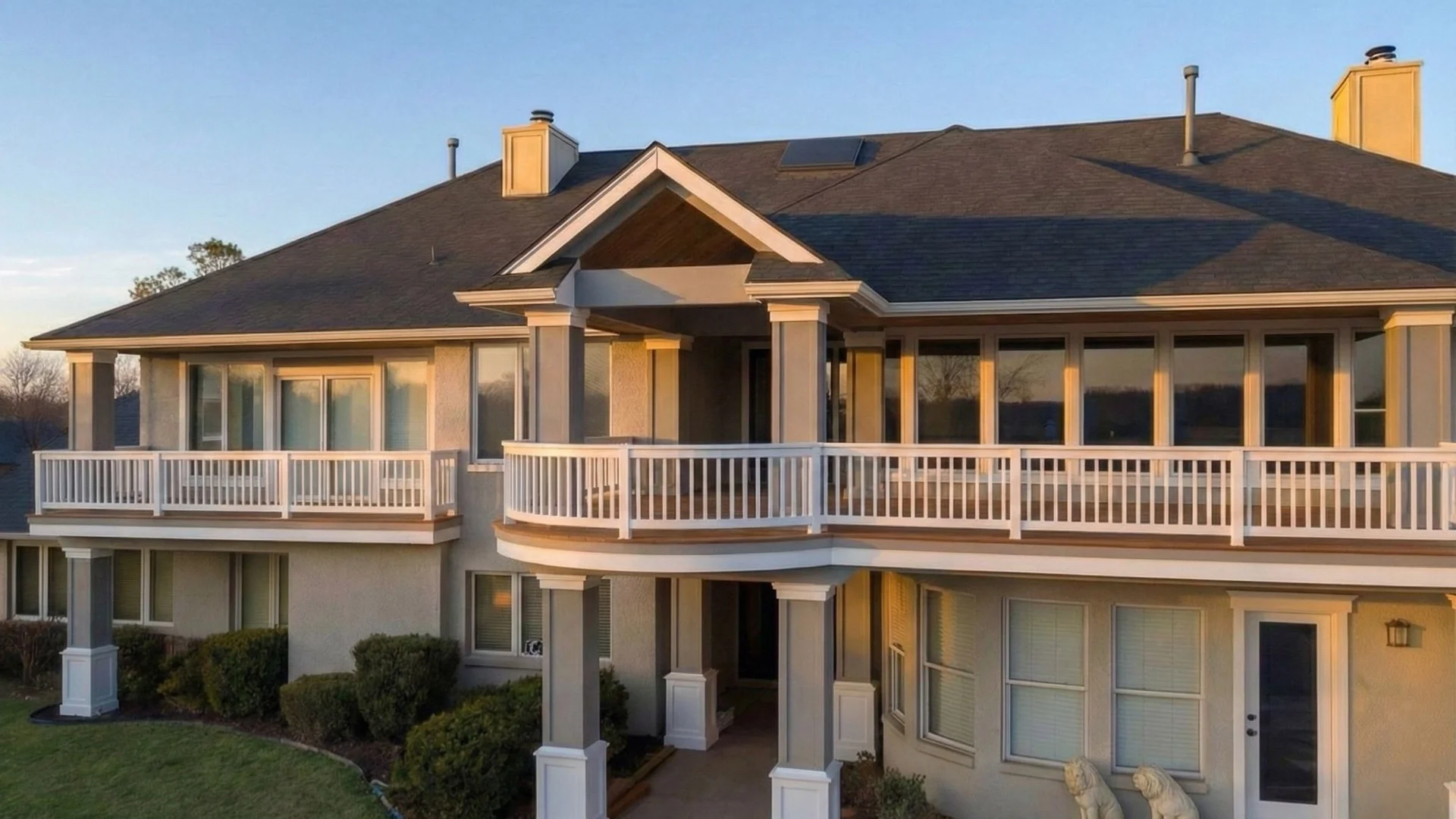 Finished second-story wraparound deck in Norman by MASB Construction, with white railings, painted columns, and the covered gable over the entry