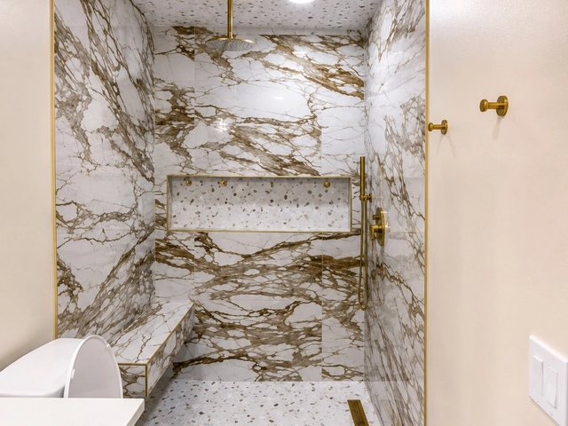 Full bathroom makeover in Bethany, Oklahoma with marble-look slab tile and brushed gold fixtures by MASB Construction & Remodeling LLC