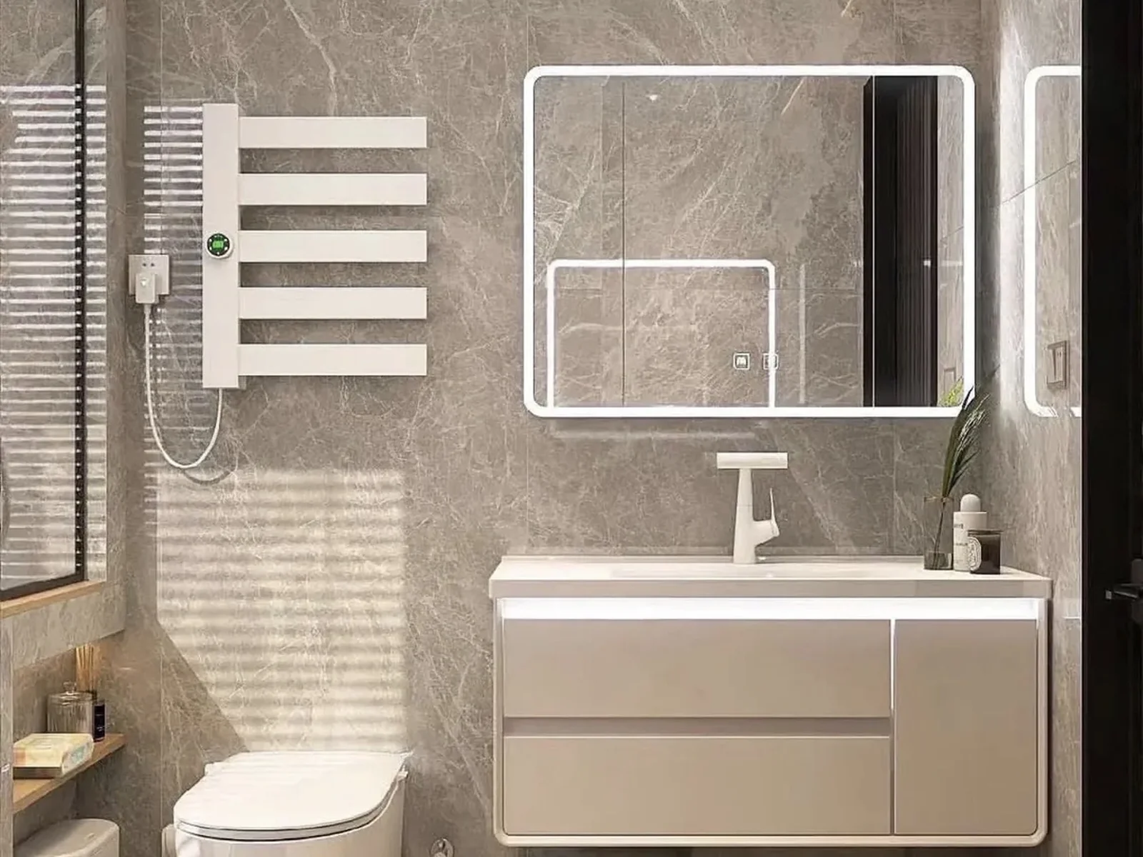 Finished high-end bathroom upgrade in Yukon with new fixtures and lighting by MASB Construction